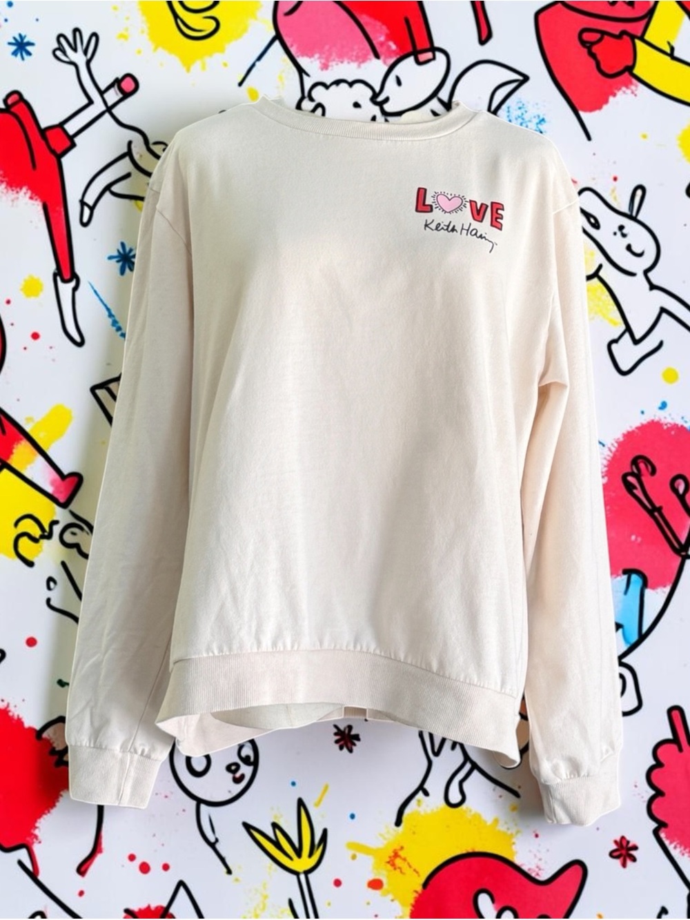 Keith Haring LOVE Heart Graphic Sweatshirt Cream XL Pop Art - Picture 2 of 8